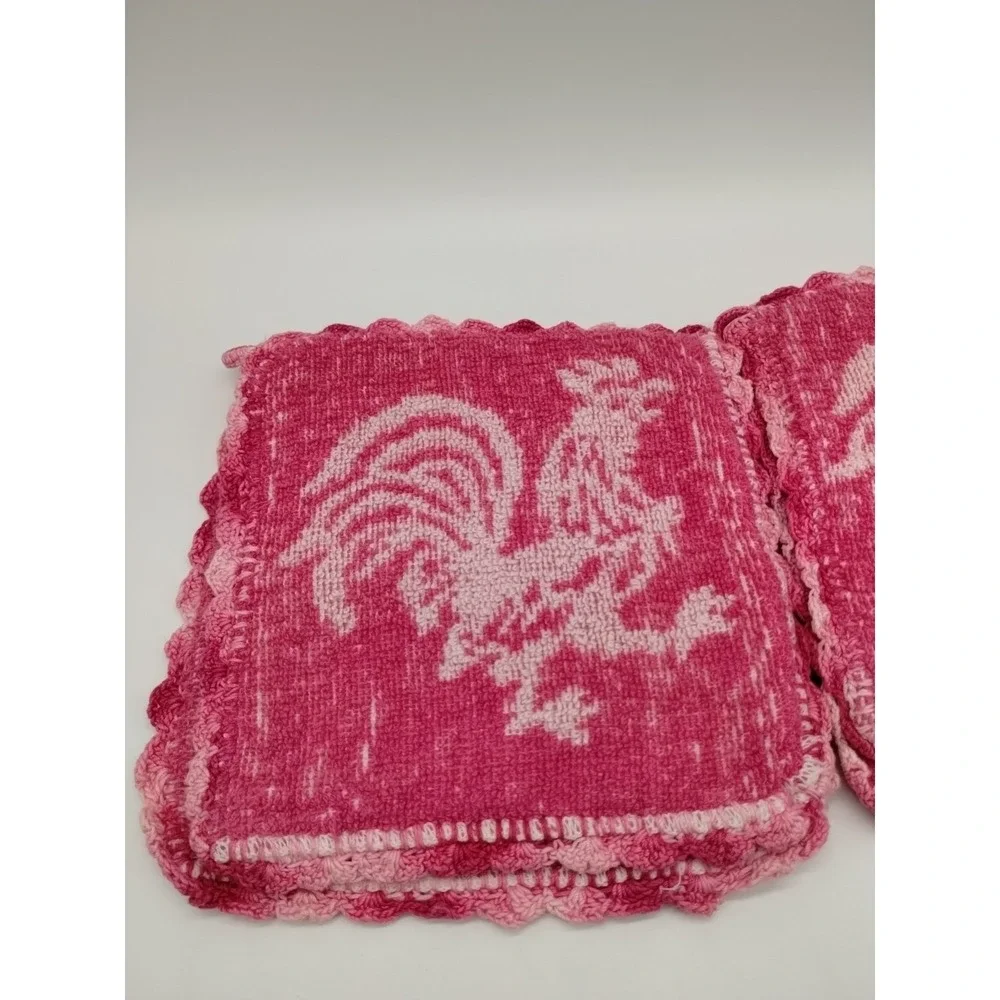 2 Vintage Terry Cloth Pot Holders Hot Pads Kitchen Pink Rooster Crocheted Edge